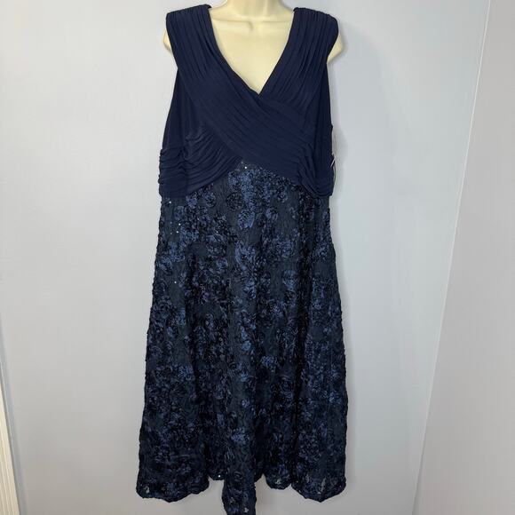 Alex Evenings Women's Plus Size Tea Length Dress with Rosette Detail Blue - Picture 2 of 16